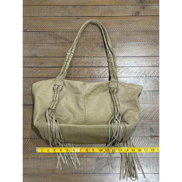 DAY & MOOD Khaki Green Leather 10 x 12 Slouchy Fringed Handbag - Picture 9 of 15